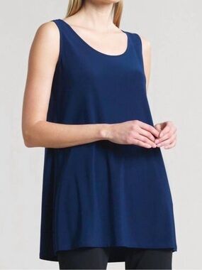 Clara Sunwoo Extra Long Sleeveless Relaxed Crepe Navy Blue Tunic Tank Top EUC S
